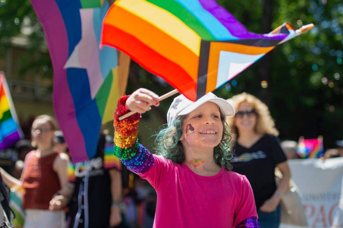 Elsa Herzog-Meyers, 9, of Congregation B’nai Israel, participates in the Sacramento Pride March and Parade on Sunday, June 11, 2023.
