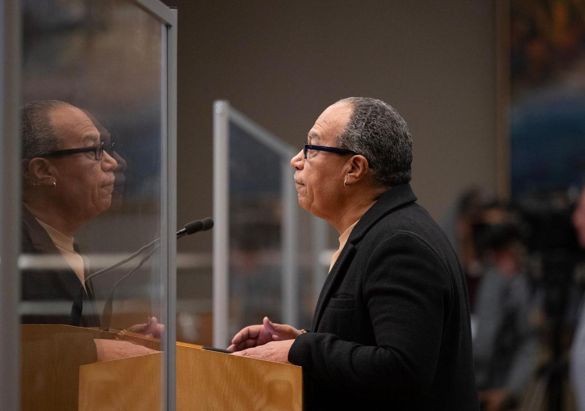 Jay King, president of the California Black Chamber of Commerce, asks the Sacramento City Council to retain City Manager Howard Chan during public comment on Dec. 17. The council voted not to retain him.