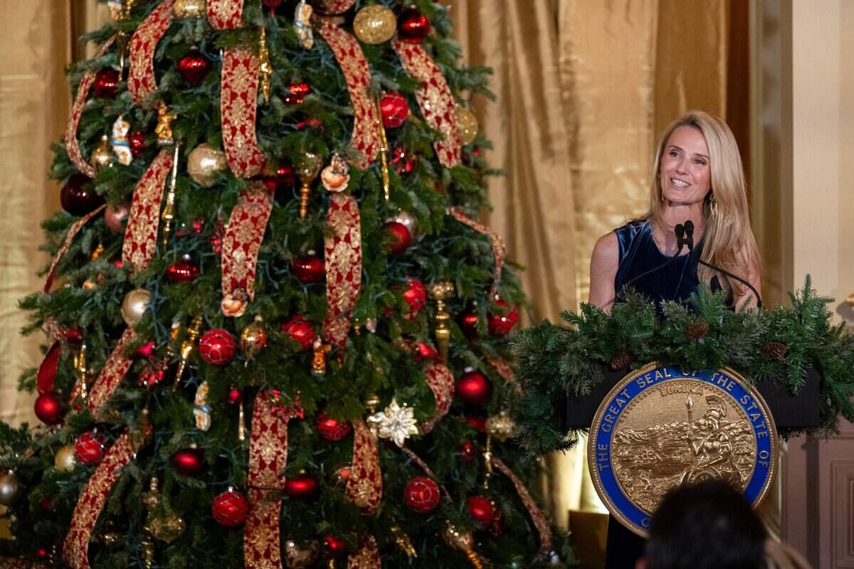 First Partner Jennifer Siebel Newsom addresses the crowd at the 93rd annual California Capitol tree lighting ceremony inside the state Capitol on Wednesday, Dec. 11, 2024.