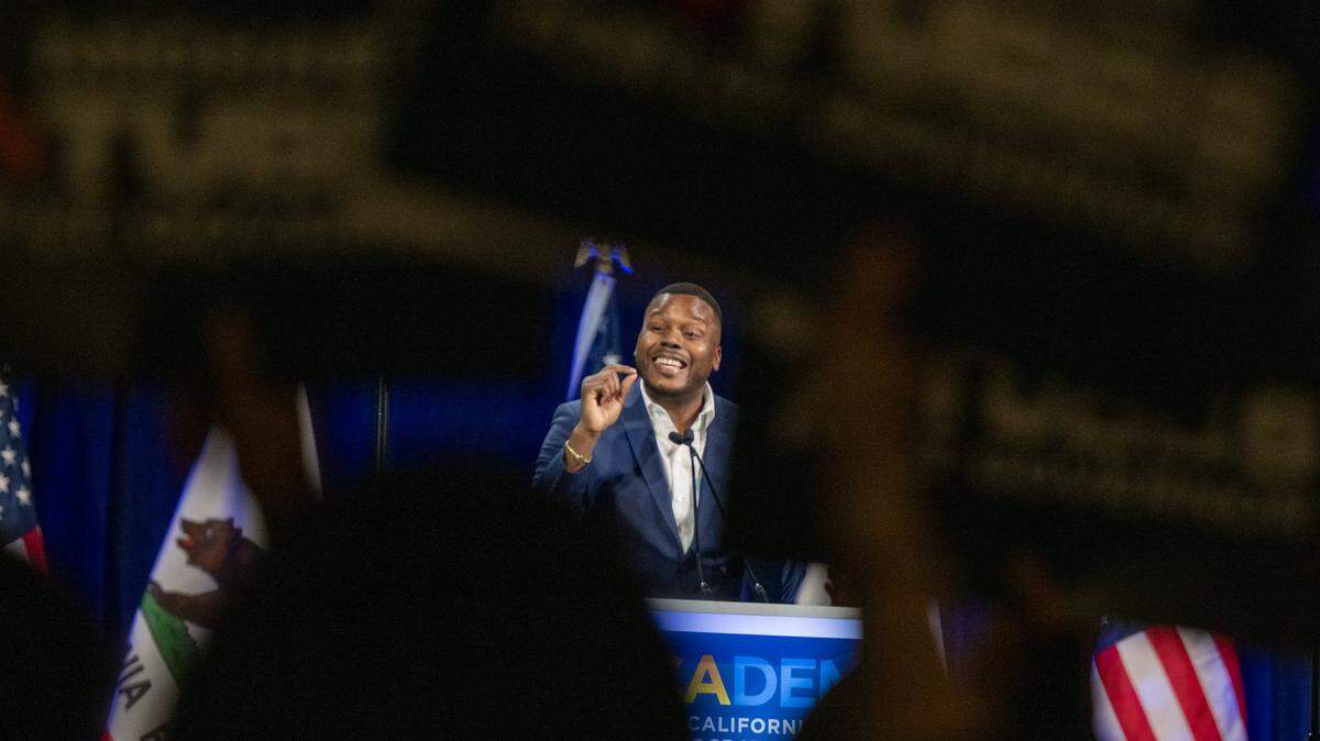 Michael Tubbs, candidate for lieutenant governor, addresses the crowd on Saturday, Feb. 21, 2026 at the California Democratic Party state convention in San Francisco.