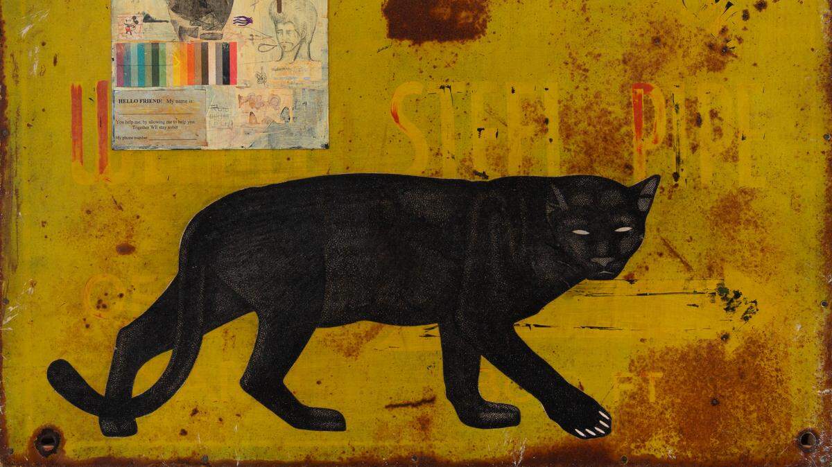 “Panther Yellow,” 2008, is a mixed-media work on a rusty sheet of scrap metal once used as an advertising sign for steel pipe by Armando Lerma and Carlos Ramirez.
