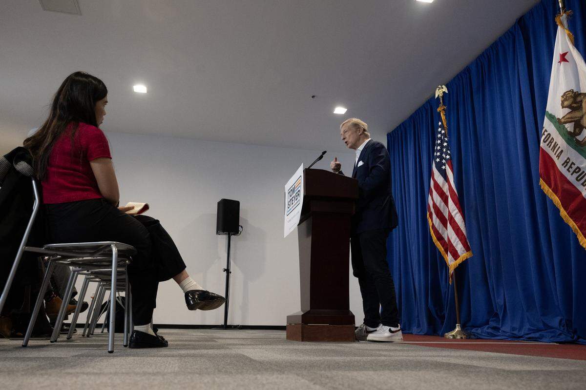Billionaire entrepreneur and activist Tom Steyer, who is running for governor as a Democrat, speaks at a news conference at the Urban Hive in Sacramento on Wednesday. 