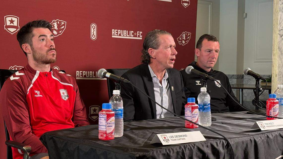 Republic FC team captain Lee Desmond, new president Tim Holt and head coach Neill Collins speak during a news conference about the team’s immediate future on Tuesday in Sacramento.