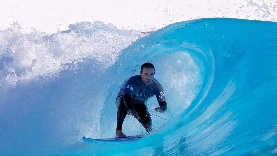 Surfing enthusiast Chris Gallardo rides the Wavegarden Cove at Alaia Bay in Sion, Switzerland, in 2022. He hopes to open a similar facility in Placer County.