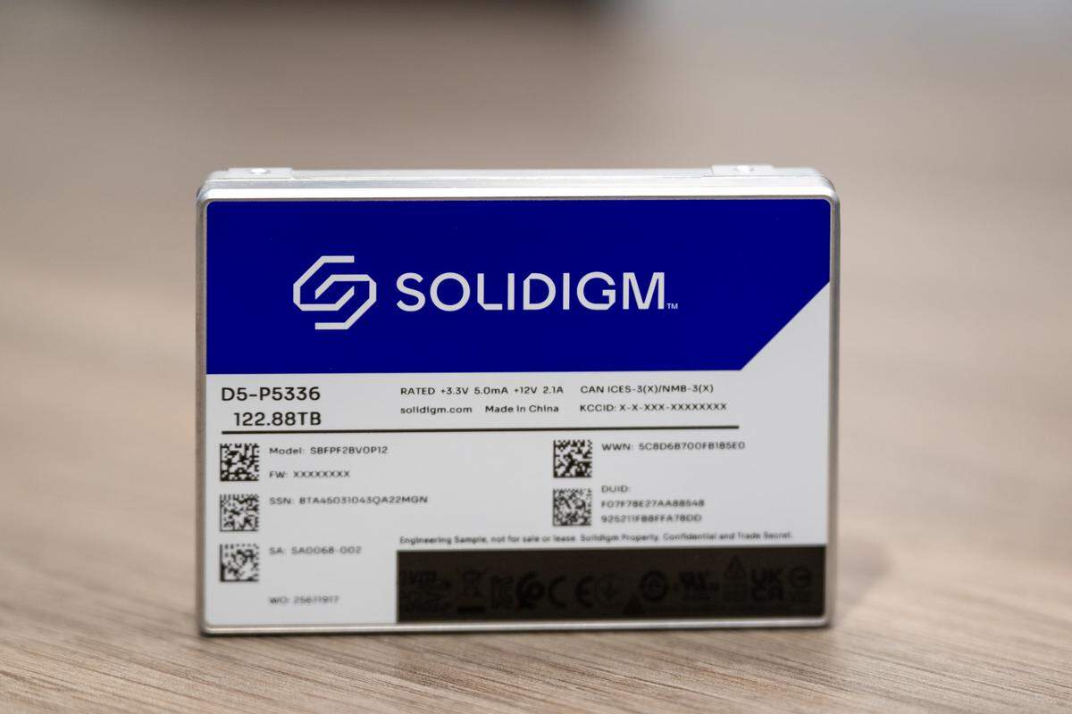 Solidigm’s wallet-sized high-capacity storage drive — which has a capacity of 122 TB — on display at Solidigm's offices in Rancho Cordova on Tuesday.
