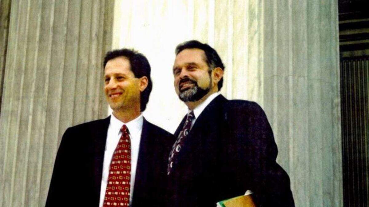 Civil rights attorneys Joaquin Avila (right) and Robert Rubin after successful oral arguments before the U.S. Supreme Court on Nov. 2, 1998.