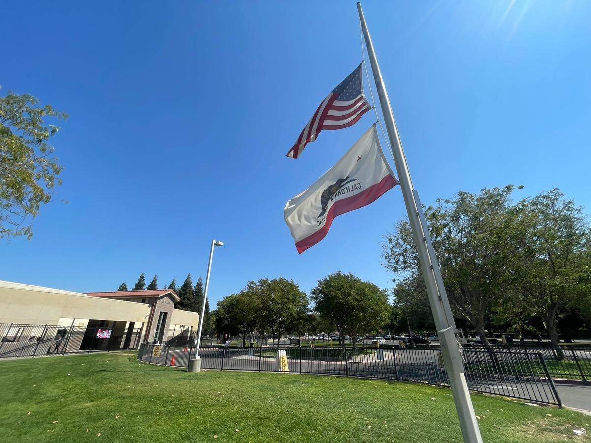 Monterey Trail High School in Elk Grove flies the American and California flags at half staff on Friday, Sept. 12, 2025. The Elk Grove Unified School District spokesperson said that the flags were lowered in accordance with a proclamation by President Donald Trump to honor Charlie Kirk who died on Sept. 10.