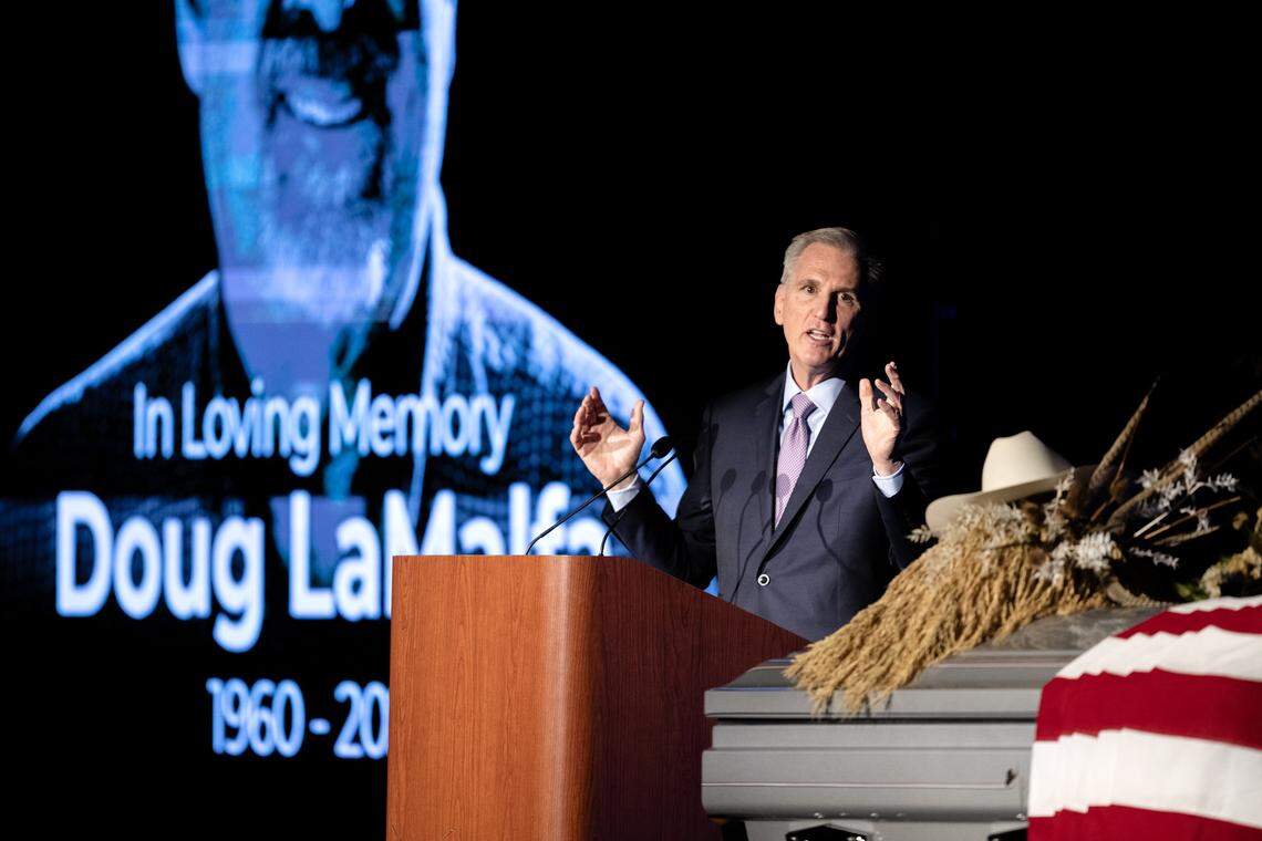 Kevin McCarthy, former Speaker of the U.S. House of Representatives, reflects on his friendship with Rep. Doug LaMalfa during a memorial service at the Silver Dollar Fairgrounds in Chico on Saturday.