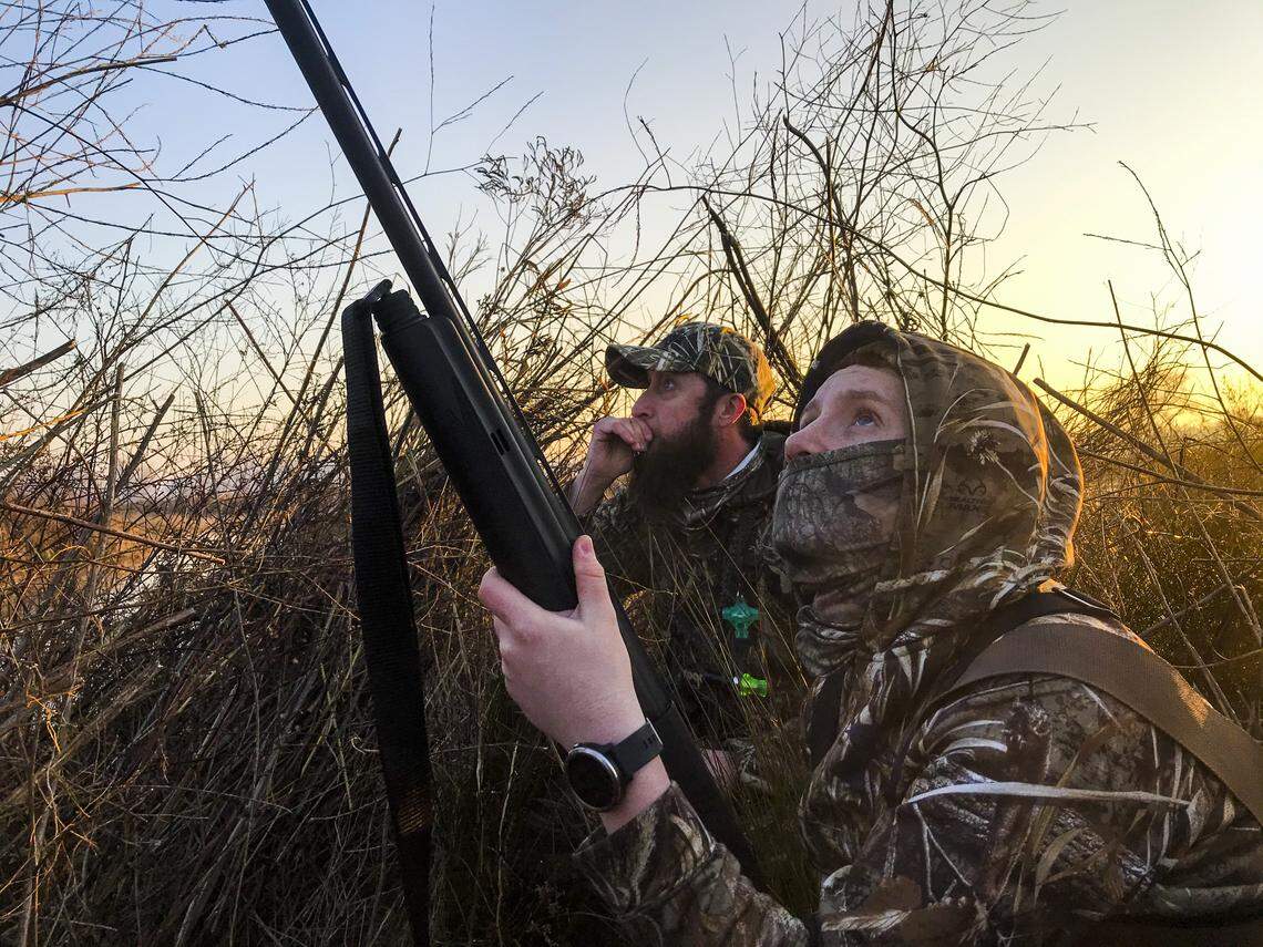 Tanner Martinez, 14, watches ducks overhead as Eric Jennings, his hunting chaperon at the Gray Lodge Wildlife Area in Gridley, calls ducks. Martinez on Feb. 8, 2020 participated in a special youth hunt intended to help recruit new hunters in California.