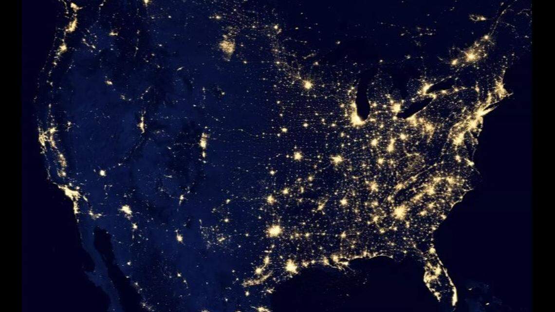 A map of the United States showing the extent of artificial lighting at night.