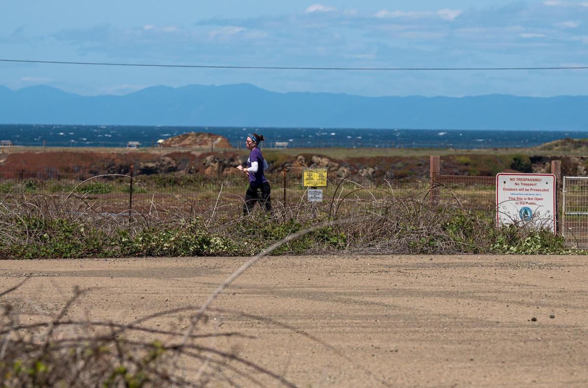 Allison Bertels, of Fort Bragg, jogs along the California Coast Trail on April 16 in Fort Bragg. The path borders the old Georgia-Pacific mill site, which was acquired by Mendocino Railway in November 2021. Georgia Pacific agreed to accept more than $1 million for the land — which will require extensive toxic clean-up from its days as a lumber mill — after the railroad filed a lawsuit to take it through eminent domain.