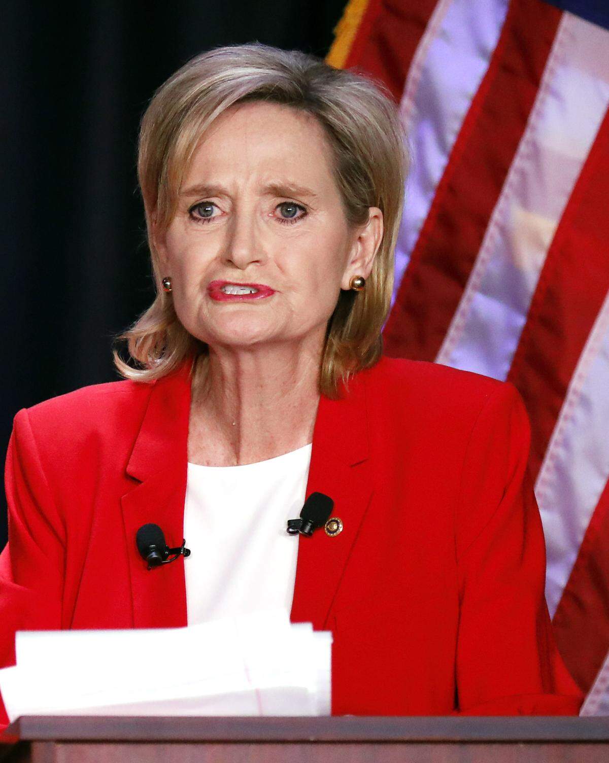 Appointed U.S. Sen. Cindy Hyde-Smith, R-Miss., answers a question during a televised Mississippi U.S. Senate debate with Democrat Mike Espy in Jackson, Miss., Tuesday, Nov. 20, 2018.