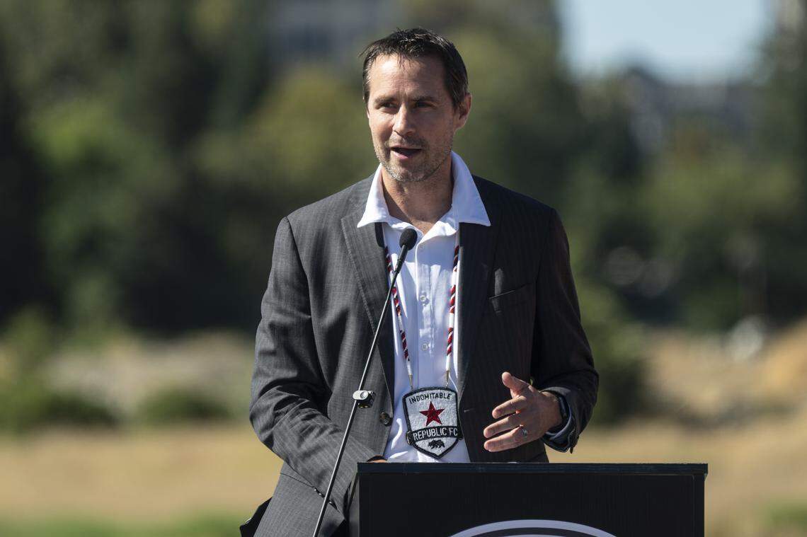 Republic FC President Todd Dunivant speaks during a groundbreaking for Republic FC’s new stadium in the Railyards in Sacramento on Monday.