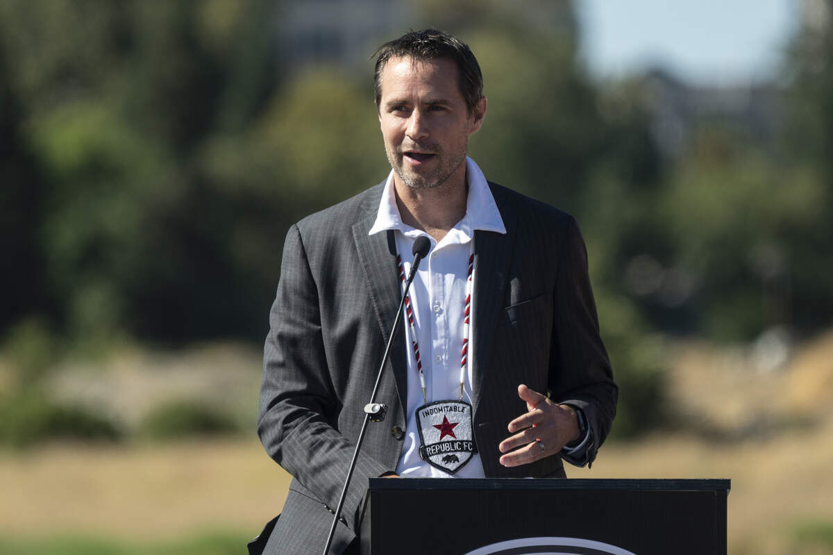Todd Dunivant speaks during a groundbreaking for Republic FC’s new stadium in the Railyards in Sacramento in August. Dunivant is leaving Republic FC for a role with New York City FC of the MLS.