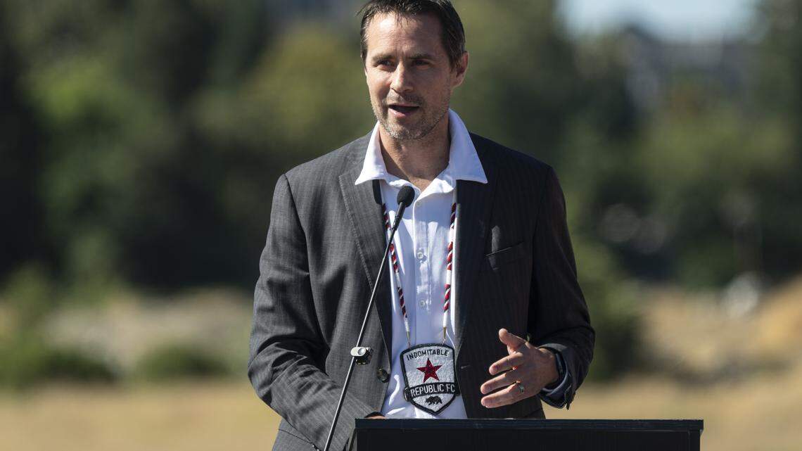 Todd Dunivant speaks during a groundbreaking for Republic FC’s new stadium in the Railyards in Sacramento in August. Dunivant is leaving Republic FC for a role with New York City FC of the MLS.