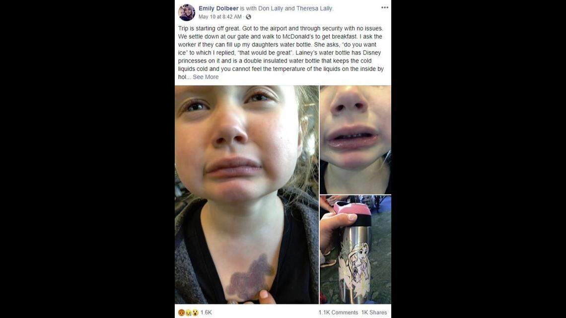 A McDonald’s worker at Portland International Airport filled a 4-year-old girl’s drinking cup with hot water, scalding her mouth, chin and chest, Emily Dolbeer of Oregon wrote on Facebook. They were on a trip to Disneyland.