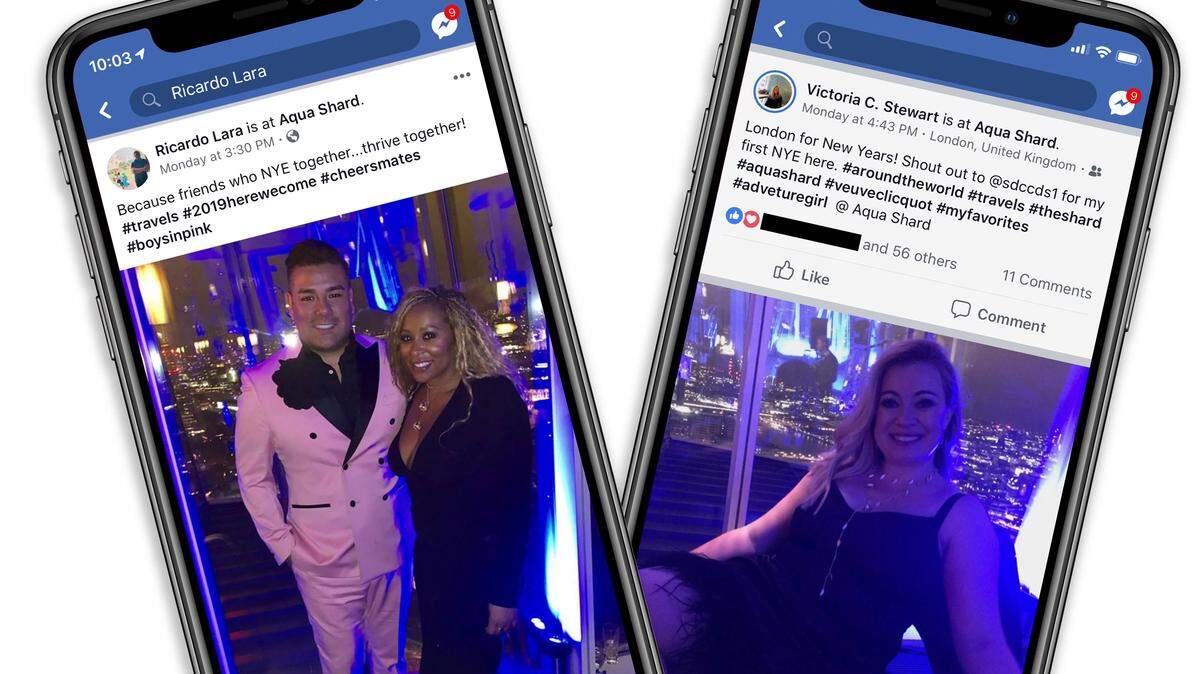 Facebook posts from a New Year’s Eve party at an upscale London venue show California Department of Insurance Commissioner Ricardo Lara, left, a week before his inauguration celebrating with Adama Iwu, co-founder of We Said Enough, and insurance lobbyist Victoria Stewart.