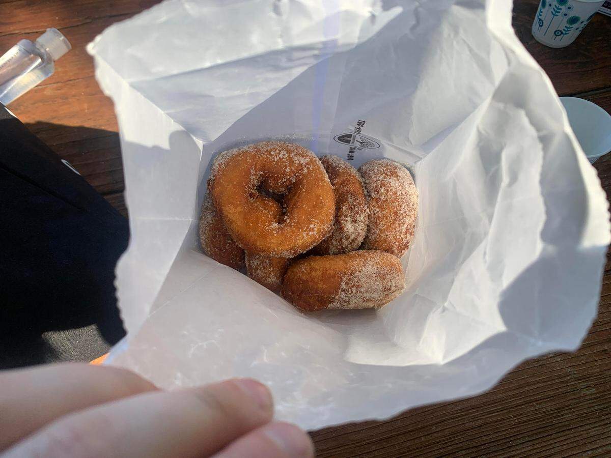 A half-dozen apple cider doughnuts from Rainbow Orchards on Apple Hill.