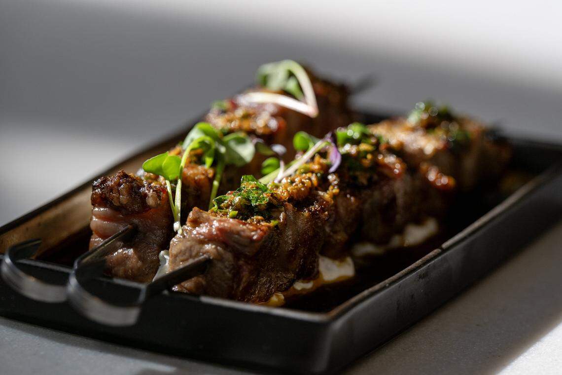 Lamb Souvlaki, sumac tzatziki and salsa verd at Aiona on Thursday, April 16, 2026.