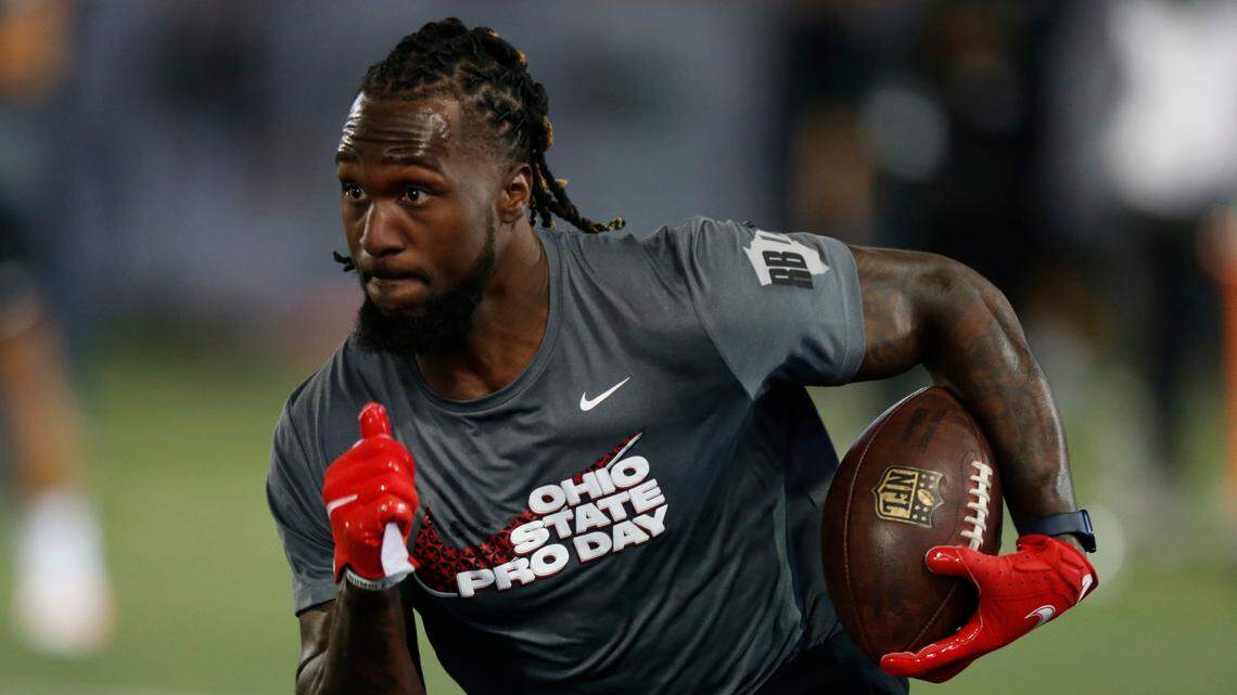 Ohio State running back Trey Sermon runs through a drill March 30, 2021 in Columbus, Ohio.
