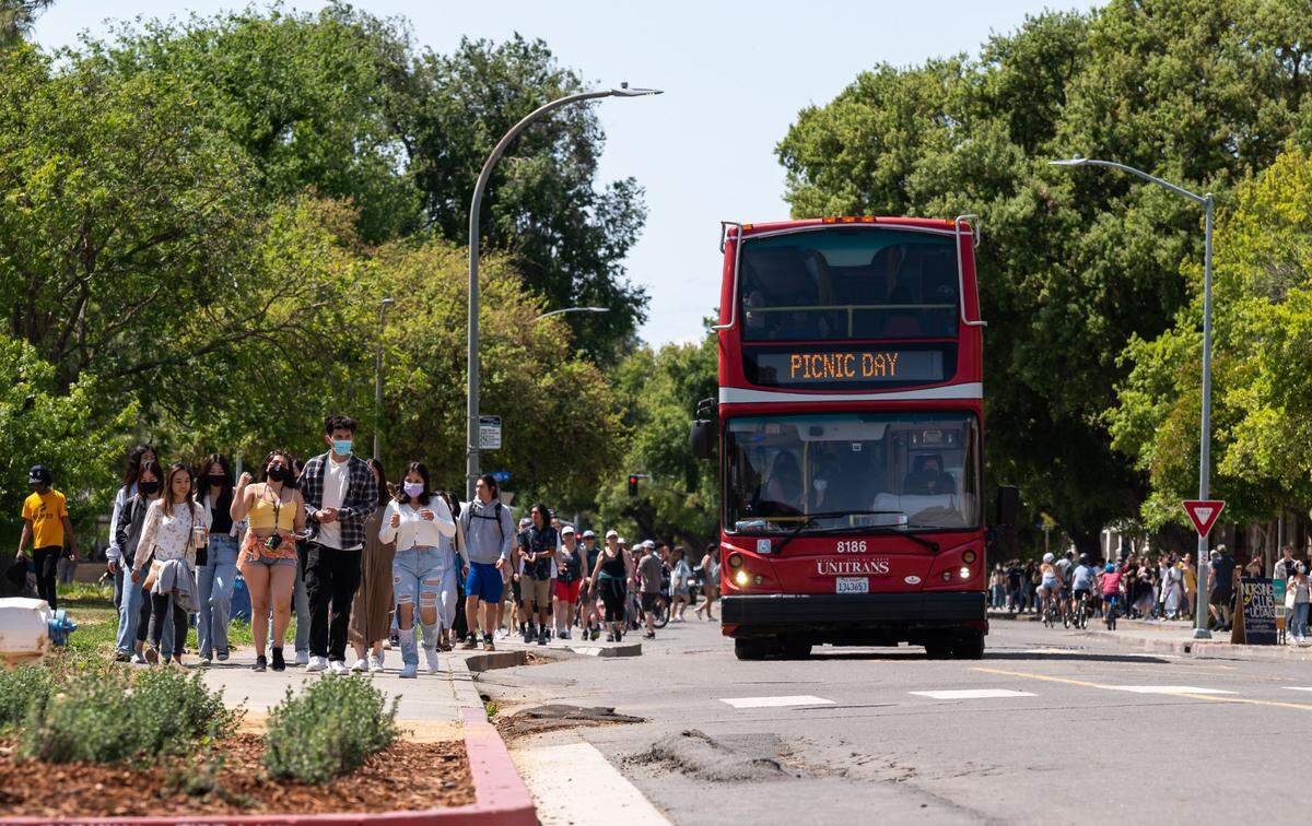 A Unitrans bus helps transport tens of thousands of visitors on UC Davis 108th Picnic Day on Saturday, April 23, 2022. The tradition resumed in-person after skipping two years due to the COVID-19 pandemic.