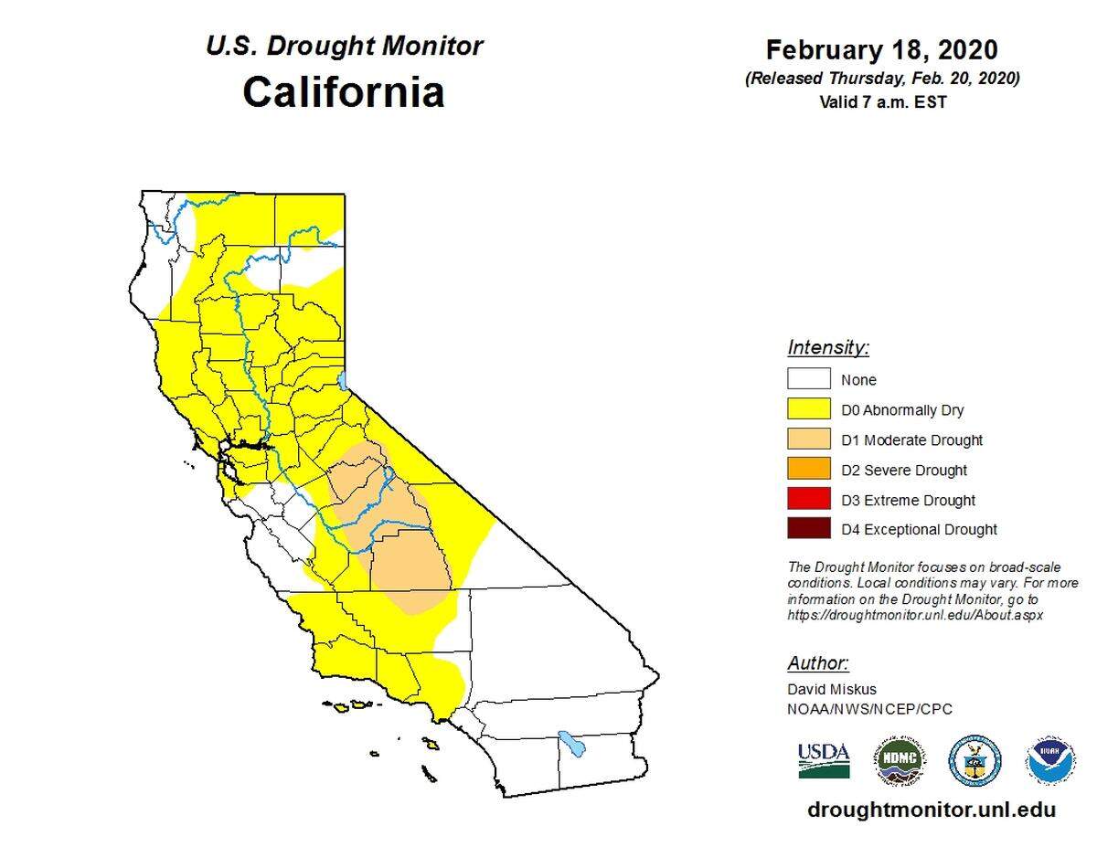 A map of California from the multi-agency U.S. Drought Monitor, released February 20, 2020, with data compiled February 18, 2020.