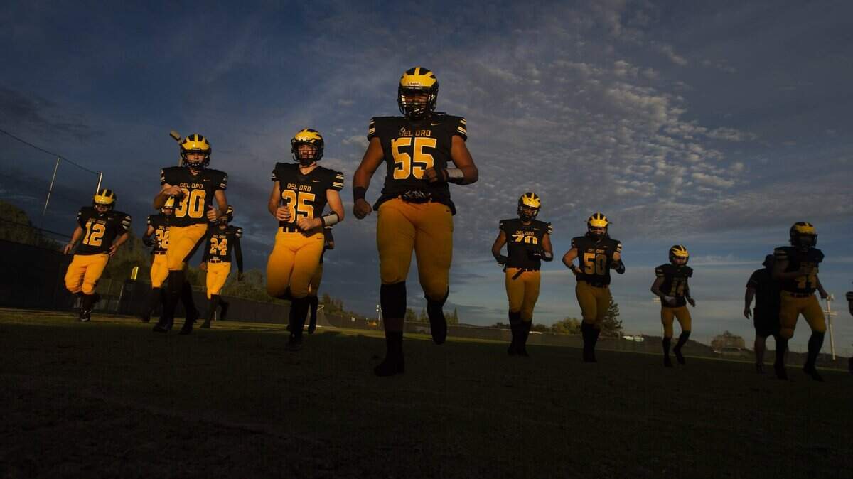 Tatuo Martinson (55) has helped lead Del Oro High School back to the Sac-Joaquin Section Division II championship game. The Golden Eagles face Modesto’s Central Catholic at Sacramento State on Saturday at 2 p.m. Both teams are 11-1.