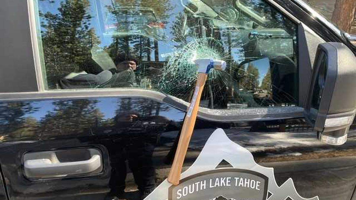 A man was stabbed with a metal drywall saw outside a 7-Eleven store on Pioneer Trail in South Lake Tahoe, California Sunday March 21, 2021, before the suspect smashed a police vehicle window with a construction hammer.