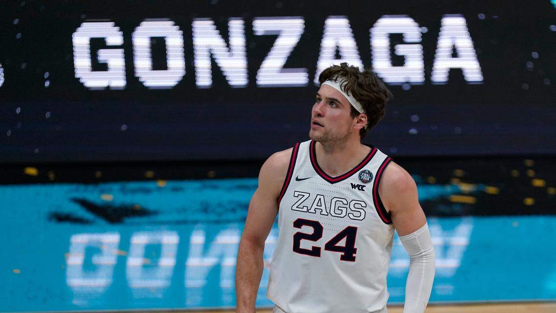 Gonzaga forward Corey Kispert (24) reacts after making a 3-point basket during the first half of a men’s Final Four NCAA college basketball tournament semifinal game against UCLA, Saturday, April 3, 2021, at Lucas Oil Stadium in Indianapolis. (AP Photo/Michael Conroy)