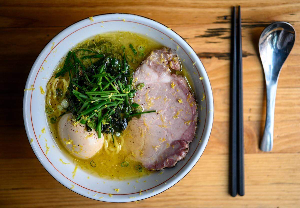 A bowl of the citrus shio ramen is served at Kodaiko Ramen & Bar on K Street in Sacramento, Sunday, Jan. 19, 2020.
