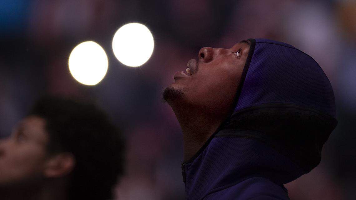 Sacramento Kings forward Harry Giles III looks up at the scoreboard during player introductions before Saturday night’s game against the Los Angeles Lakers at Golden 1 Center. The team announced it was sending Giles to its G League team in Stockton after the game.