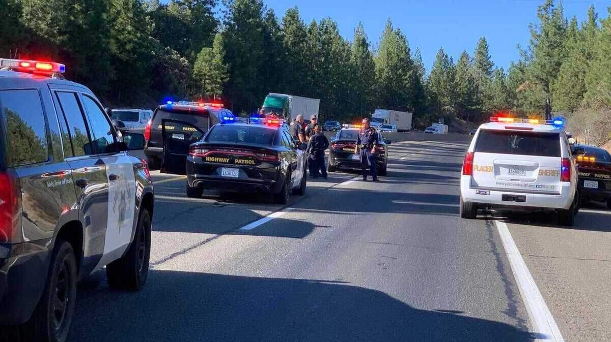 California Highway Patrol officers used a spike strip to stop a vehicle and arrested its driver on Interstate 80 east of Gold Run, California in Placer County on Sept. 23, 2020.