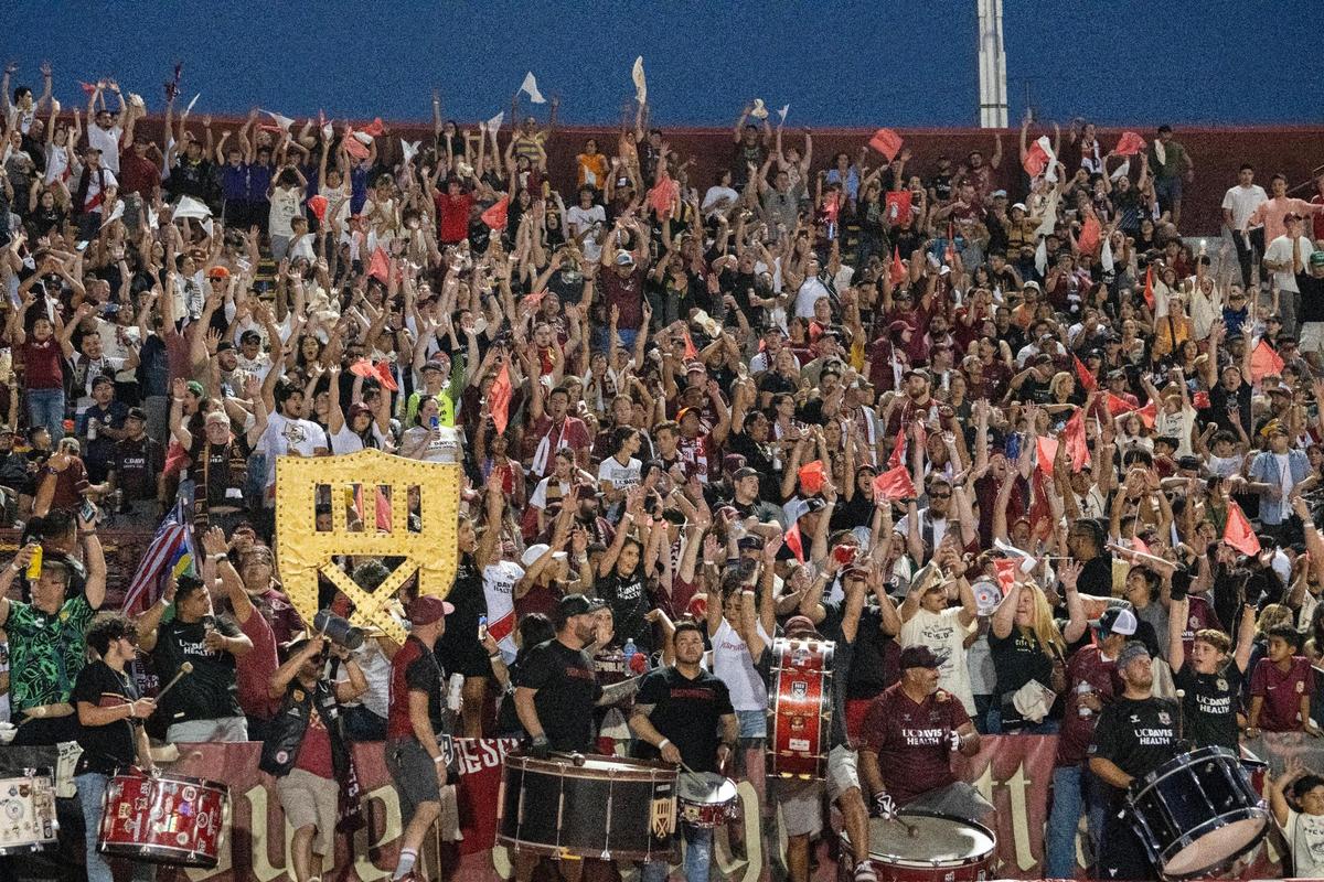 The Tower bridge battalion does the wave during the first half of the USL soccer game at Hughes Stadium on Saturday, Aug. 26, 2023, in Sacramento. Republic FC returned to the site of its first match for a 10th-season celebration.