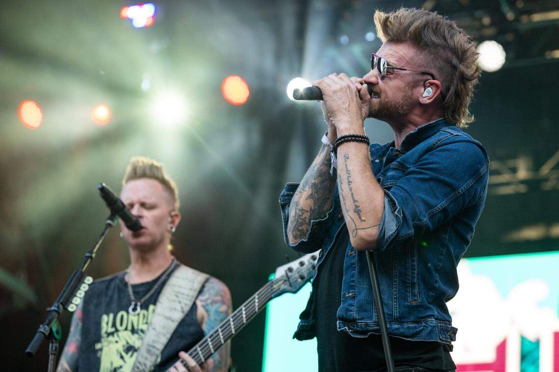 Hinder lead singer Marshal Dutton performs with bassist Mike Rodden during the Aftershock festival on Sunday, Oct. 5, 2025, in Sacramento’s Discovery Park.