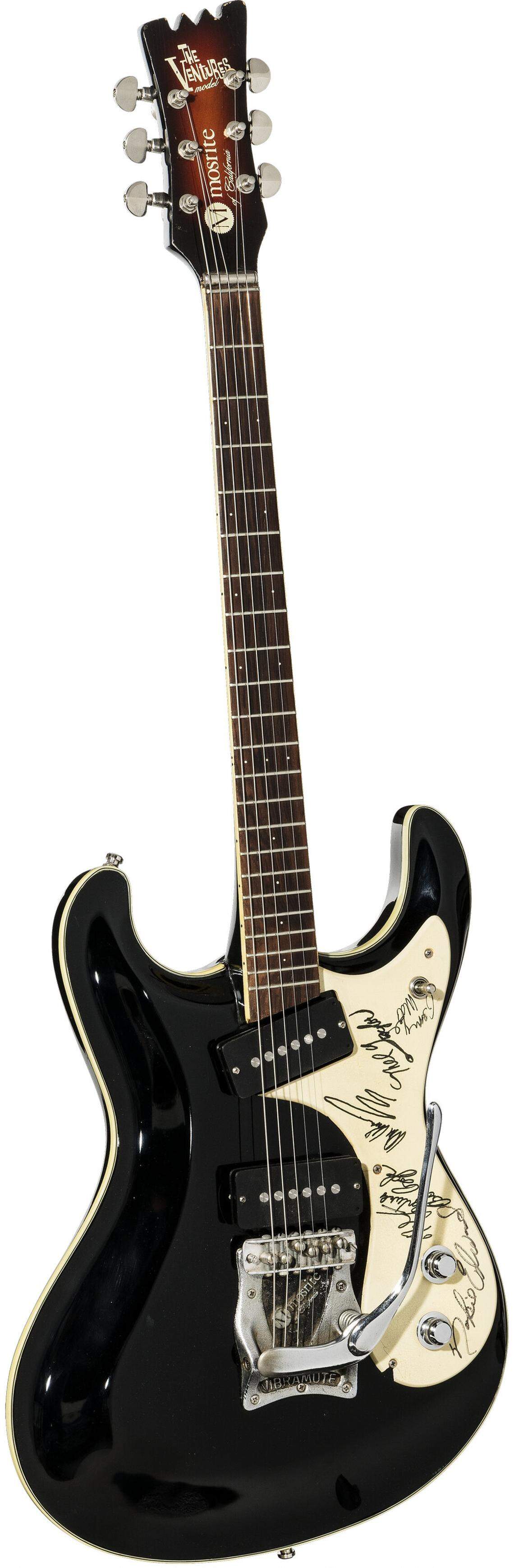 A&nbsp;Mosrite Ventures black solid body electric guitar&nbsp;believed to be either a 1963 prototype or one of the first 80 produced in 1964.