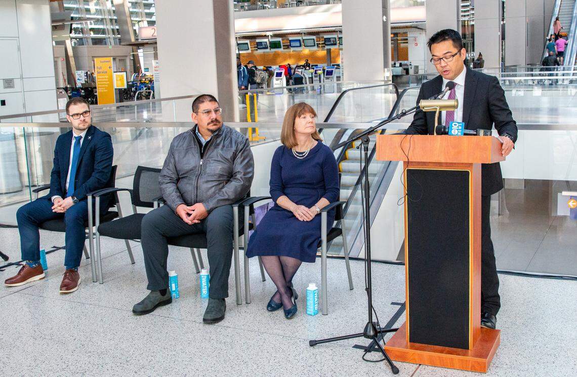 Deputy Director for Planning and Development T.J. Chen, right, shares information during a press event Wednesday, February 1, 2023., on the $1.3 billion in upgrades coming to Sacramento International Airport. Seated are Director of Airports of Sacramento County Cindy Nichol, left, County Supervisor Phil Serna and Deputy Director of Commercial Development.