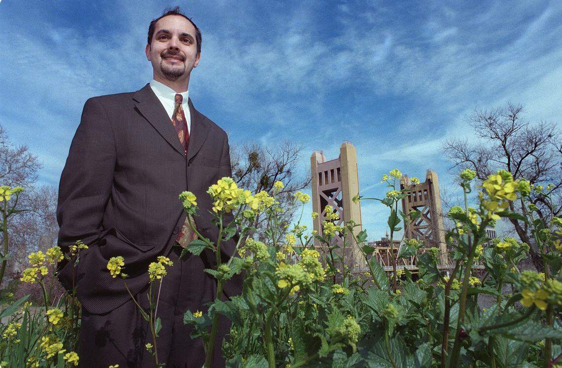 Christopher Cabaldon, then the mayor of West Sacramento, stands at the future site of the Sacramento River Cats’ ballpark in March 1999, about a month after announcing the partnership that secured its construction in the city.