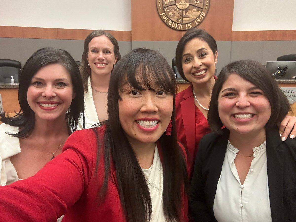 Sacramento Councilwoman Mai Vang, center, takes a selfie Tuesday with the female City Council majority, which includes from left Lisa Kaplan, Caity Maple, Karina Talamantes and Katie Valenzuela.