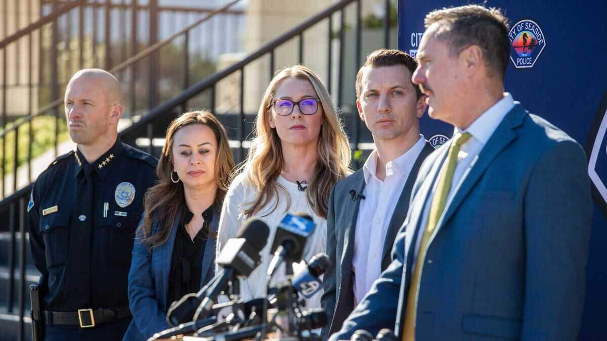 From left, Seaside Police Chief Nick Borges, Alameda County sheriff’s Lt. Misty Carausu, Denise Huskins Quinn and Aaron Quinn, listen to El Dorado County District Attorney Vern Pierson during a news conference announcing the filing of new felony crimes in Contra Costa and Santa Clara Counties against Matthew Muller in Seaside, Calif., on Tuesday. Huskins Quinn recounts her 2015 Vallejo kidnapping and urges California to pass Senate Bill 1056 to restrict access, copying and retention of sexually explicit evidence.