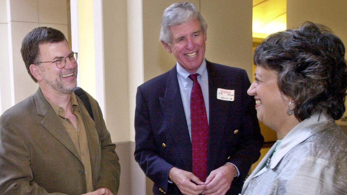 Longtime state lawmaker Tom Hannigan, center, died Tuesday Oct. 9, 2018. He is shown here in this 2003 file photo with Richard Katz, senior advisor to then-California Gov. Gray Davis, and Mary Nichols, Secretary for Resources.