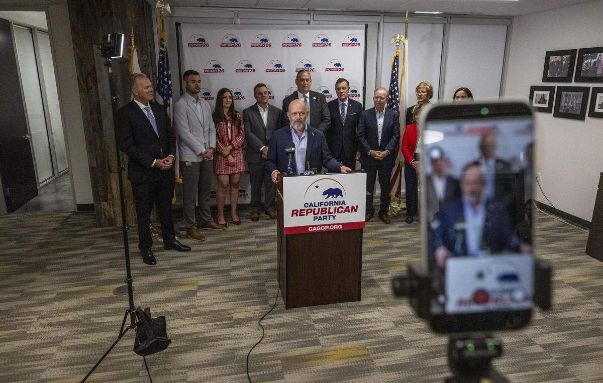 Republican gubernatorial candidate Steve Hilton attends the California Republican Party's launch of Victory '26 after election day at the California Republican Party headquarters in Sacramento on Wednesday, June 3, 2026. 