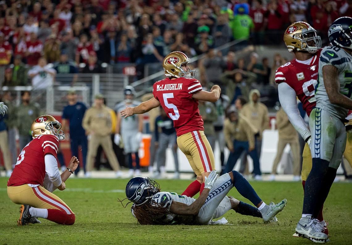 San Francisco 49ers kicker Chase McLaughlin watches his missing field goal miss in overtime against the Seattle Seahawks during a game at at the Levi’s Stadium on Monday, November 11, 2019 in Santa Clara.