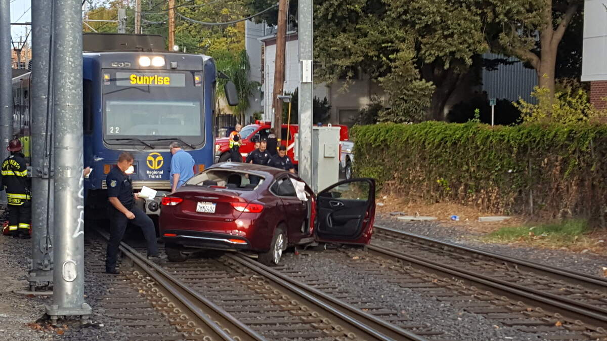 A car was struck by a Regional Transit train near 17th and R streets Monday, Oct. 29, 2018 in Sacramento. Five people suffered non-life-threatening injuries, a Fire Department spokesman said.