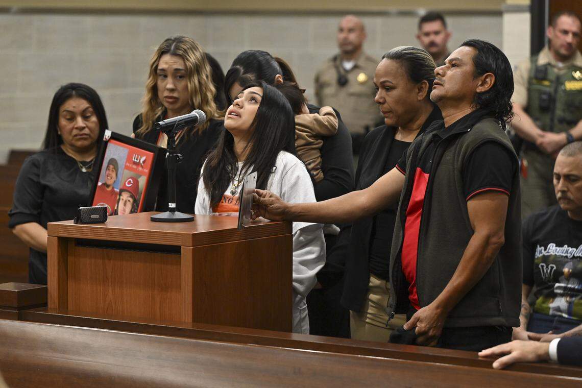 Family members of Jesús and Jhony Ramos, two brothers who were killed in the Esparto explosion, speak in Yolo Superior Court in Woodland on Thursday, April 16, 2026, during the arraignment of those indicted for the explosion.