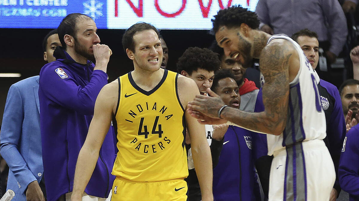 Indiana Pacers forward Bojan Bogdanovic, left, grimaces after missing what would have been a game-winning shot, in the closing moments of an NBA basketball game, Saturday, Dec. 1, 2018, in Sacramento, Calif. Sacramento Kings center Willie Cauley-Stein, right, celebrates the Kings’ 111-110 win over the Pacers. (AP Photo/Rich Pedroncelli)
