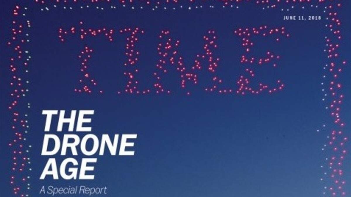Over 900 drones illuminate the sky, arranged to depict Time Magazine's iconic logo and border, in the photograph taken at 8:31 p.m. on May 3 in Folsom.  The June 11 issue features a special report titled "The Drone Age,"  according to the New York City-based weekly news magazine.