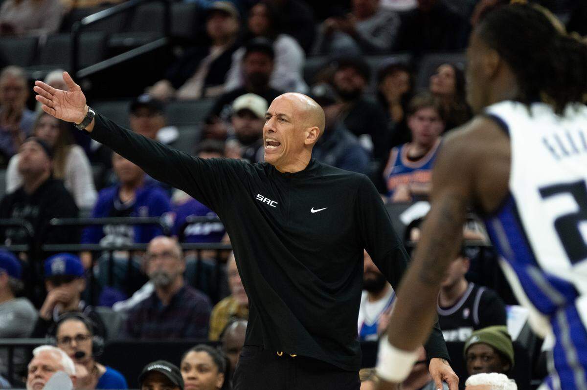 Sacramento Kings coach Doug Christie yells to team during a NBA game against the New York Knicks at Golden 1 Center on Monday, March 10, 2025, in Sacramento.
