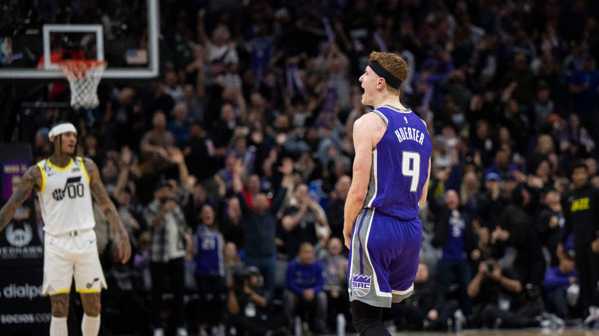 Sacramento Kings guard Kevin Huerter (9) celebrates a three point basket that gave the Kings the final lede 126-125 against the Utah Jazz on Friday, Dec. 30, 2022 during an NBA basketball game at Golden 1 Center in Sacramento.