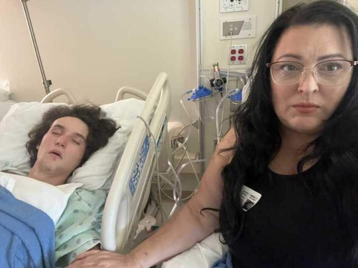 Athena Hendrix, right, is pictured with her son MarcoAntonio Bindel, 18, at the hospital. Bindel was stabbed six times in Sacramento on Sept. 14.