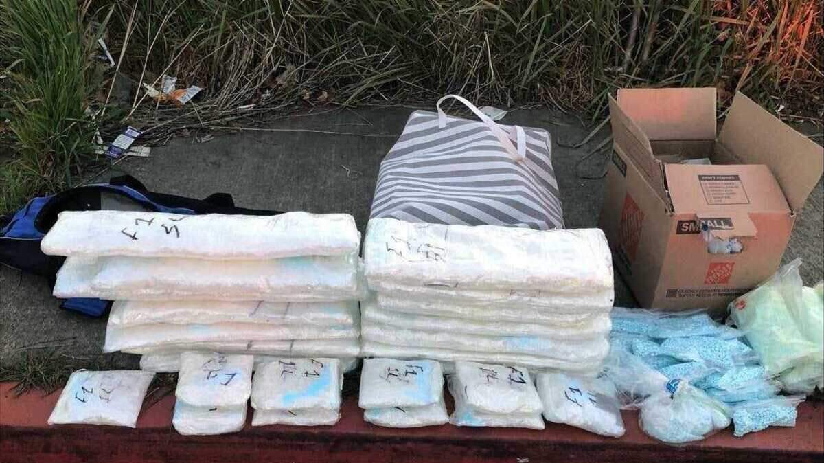 A California Highway Patrol K-9 named Hektor found what is believed to be 80 pounds of methamphetamine and 100,000 fentanyl pills during a traffic stop Monday March 7, 2022, along Interstate 80 in Sacramento, California.